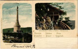 1902 Brassó, Kronstadt, Brasov; Árpád szobor, Millenniumi emlékmű, Bethlen-barlang. Ciurcu könyvkereskedés kiadása / Statua lui Arpad, Pestera lui Bethlen / Arpad-Denkmal, Bethlens-Grotte / Millennium monument, cave (ragasztónyom / glue mark)