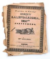 1857 Pest, Trattner és Károlyi nemzeti kalendároima, benne vaspályának indulása és érkezése, első és hátsó borítólap levált