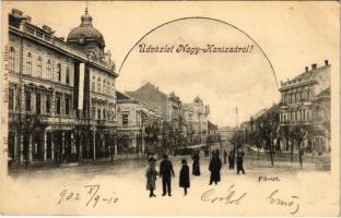 1902 Nagykanizsa, Fő út, Ifj. Wajdits József üzlete, Takarékpénztár, magyar zászló. Alt és Böhm kiadása