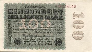 Német Birodalom / Weimari Köztársaság 1923. 100.000.000M (2x) egymás utáni sorszámokkal. Feltűnő lem...