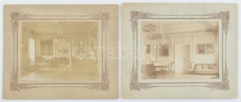 cca 1900 Pilis, Beleznay-Nyáry-kastély belső tere, 2 db kartonra kasírozott fotó, hátoldalon feliratozva, 8×10,5 cm