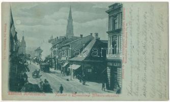 1899 (Vorläufer) Kolozsvár, Cluj; Wesselényi Miklós utca este, Adriai Biztosító, Novák Albert üzlete. Ferencz és Társa fényképészeti műterméből / street at night, urban railway, train, shops (EK)