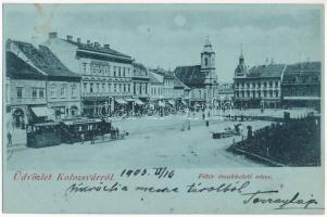 1903 Kolozsvár, Cluj; Fő tér északkeleti oldala, városi vasút, kisvasút, vonat a megállóban, este, Gergely Ferenc, Kiss Ernő üzlete, Európa kávéház / main square, cafe, shops, urban railway, train, night