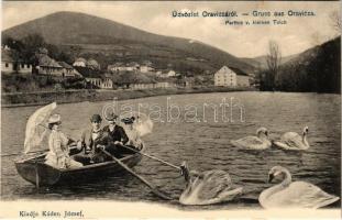 Oravica, Oravita; Parthie v. kleinen Teich / Kis tó, háttérben malom. Káden József kiadása, montázs / lake, mill, montage