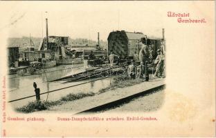 Gombos, Bogojeva; Gőzkomp Erdőd és Gombos között, állomás kotróhajóval. Schön Adolf kiadása / Donau-Dampfschiffähre / steam ferry with locomotive and dredge