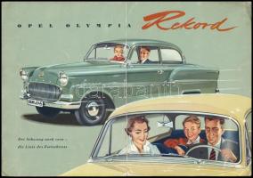 cca 1950-1960 Opel Olympia Rekord típusú autó német nyelvű, színes képekkel illusztrált ismertető prospektusa, kihajtható, hajtásnyommal, kissé kopott