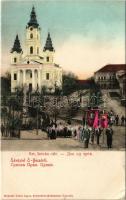 Óbecse, Ó-Becse, Stari Becej; Szent István tér, körmenet zászlókkal, templom / square, procession, church (EK)