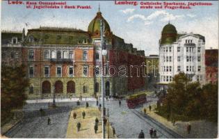 Lviv, Lemberg, Lwów; Kasa Oszczednosci ul. Jagiellonska i Bank Praski / Galizische Sparkasse, Jagiellonen-Straße und Prager-Bank / street view, savings bank, tram (EK)