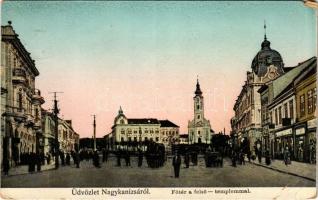 1916 Nagykanizsa, Fő tér a felső templommal, üzletek. Ifj. Wajdits József kiadása (EM)