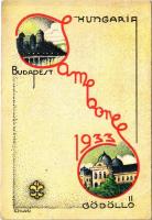 1933 Budapest-Gödöllő, Cserkész Jamboree. Kiadja a Magyar Cserkészszövetség / Hungarian boy scout jamboree art postcard s: Szilasi (szakadás / tear)