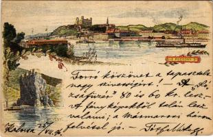 1896 (Vorläufer) Pozsony, Pressburg, Bratislava; Ezredéves Országos Kiállítás, Dévényi vár, gőzhajók / Devín castle, steamships, general view. Hungarian Millennium Exhibition, floral litho s: Morelli, Dörre T. + barna 2 Kr. Ga. (EB)