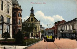 1914 Pécs, Irgalmasok utcája, villamos, Központi kávéház, Podvinecz Károly, Dr. Tolnai Jenő fogorvos, Láng H. fia üzlete (fl)