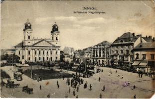 1929 Debrecen, Református nagytemplom, villamos, Aszódi és Róth üzlete (EM)