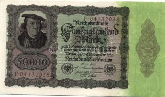 Német Birodalom / Weimari Köztársaság 1922. 50.000M alapnyomattal (2x) egyugrású sorszámokkal T:I