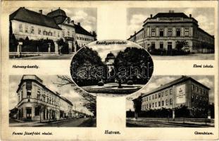 Hatvan, Hatvany kastély, kastélypark, Elemi iskola, Ferenc József téri részlet, Hatvani Népbank, Gimnázium (ragasztónyom / glue marks)