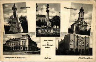 1940 Hatvan, Hősök szobra, emlékmű, Szent Fábián és Szent Sebestyén szobra, Plébániatemplom, Polgári leányiskola, Takarékpénztár és postahivatal (EK)