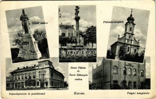 1940 Hatvan, Hősök szobra, emlékmű, Szent Fábián és Szent Sebestyén szobra, Plébániatemplom, Polgári leányiskola, Takarékpénztár és postahivatal (fa)