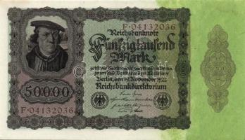 Német Birodalom / Weimari Köztársaság 1922. 50.000M alapnyomattal (2x) egyugrású sorszámokkal T:I
