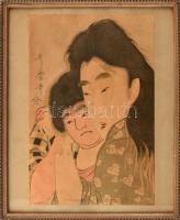 Kitagava Utamaro (1753-1806): Yamauba and Kintaro. Színes fametszet, papír. Jelzett a fametszeten. Kisebb felületi sérülésekkel. Üvegezett fakeretben. 37x25 cm / Kitagava Utamaro (1753-1806): Yamauba and Kintaro. Woodcut on paper. Signed on the woodcut. With some minor surface damages. Framed. 37x25 cm