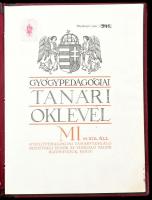 1935 Bp., a Gyógypedagógiai Tanárképző Főiskola által kiállított gyógypedagógiai tanári oklevél, aláírásokkal, okmánybélyeggel, eredeti félbőr és vászon mappában, függő viaszpecséttel