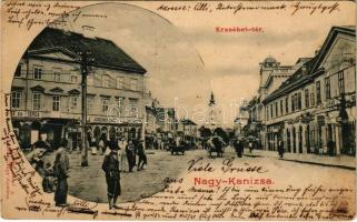 1902 Nagykanizsa, Erzsébet tér, Kürschner Ignác, Locke József, Weiss Jakab, Bettlheim, Singer József és Társa és Deutsch Lajos üzlete. Schless Antal kiadása (EK)