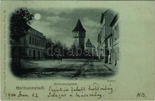 1900 Nagyszeben, Hermannstadt, Sibiu; Harteneck utca és torony este, színház. Carl F. Jickeli / Harteneckgasse / street and tower at night, theatre