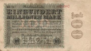 Német Birodalom / Weimari Köztársaság 1923. 100.000.000M érdekes "olajos" nyomat hátoldal tele nyomdafestékes ujjlenyomatokkal T:II/III+