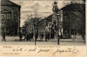 1903 Szabadka, Subotica; Szentháromság szobor, Battyání utca, Grünbaum Mór üzlet / Trinity statue, street, shop