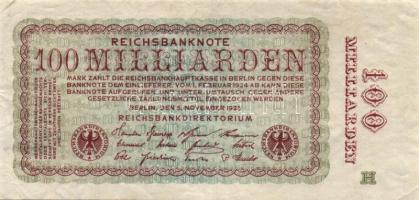 Német Birodalom / Weimari Köztársaság 1923. 100.000.000.000M hátlapi erős nyomdafestékfolt, céges nyomat "H" betűvel, ritkább variáns T:III+
