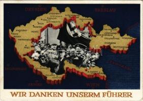 1939 Wir danken unserm Führer / NSDAP German Nazi Party propaganda, Adolf Hitler, Konrad Henlein, map of the Czech Republic, swastika. 6 Ga. (EK)
