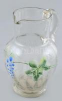 Kis kancsó, szakított üveg, kézzel festett mintával, kis kopásnyomokkal, m: 12 cm