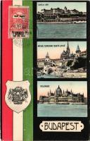 Budapest, Királyi vár, Mátyás templomhoz vezető lépcső, Országház. Magyar zászlós és címeres szecessziós montázs + "1917 Hadi Repülő Kiállítás" So. Stpl