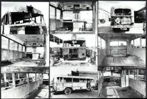 1989 Budapest, BKV, Sallai főműhely, ahol egy régi autóbuszt újítanak fel, 13 db vintage fotó, datált és jelzett, ezüstzselatinos fotópapíron, 9x13 cm