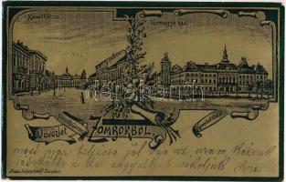 1900 Zombor, Sombor; Vármegye ház, Kossuth utca. Kiadja Schön Adolf, szecessziós fémes hatású fóliás képeslap / county hall, street. Metallic foil postcard