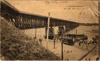 1918 Dnipro, Dnipropetrovsk, Ekaterinoslav, Yekaterinoslav; Railway bridge over the Dnieper river, trams, quay market (EB)