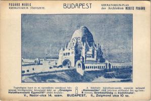 Budapest, Pogány Móric Krematórium tervezete (20. század elején tervezett monumentális budapesti halottégető épület volt, amely azonban soha nem valósult meg). Országos Halotthamvasztó Egyesület Hamvasztás c. folyóiratának reklámja