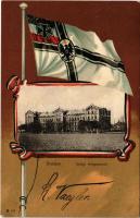 1904 Anklam, Königl. Kriegsschule / Military cadet school. Art Nouveau montage with German flag, litho (small tear)