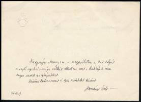 1941 Harsányi Zsolt (1887-1943) író, újságíró saját kezű levele és aláírása, dombornyomott címeres levélpapíron