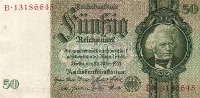 Német 3. Birodalom 1933. 50M (4x) kis ugrású sorszámokkal "békenyomat" 8 jegyű sorszámokka...