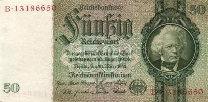 Német 3. Birodalom 1933. 50M (4x) kis ugrású sorszámokkal "békenyomat" 8 jegyű sorszámokka...