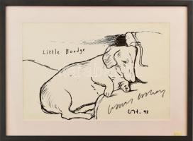 David Hockney (1937-): Little boodge. Litográfia, papír. Jelzett. Kisebb törésnyomokkal. Üvegezett fakeretben. 27×40,5 cm / David Hockney (1937-): Little boodge. Lithograph on paper. Signed. With some small flaws on the paper. Framed. 27×40,5 cm