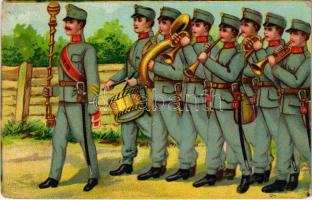 Osztrák-magyar katonai zenekar / Austro-Hungarian K.u.K. military art postcard, military band. litho (kopott sarkak / worn corners)