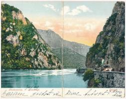 1909 Orsova, Kazánszoros, magyar zászlós társaság. Hutterer G. Két részes kinyitható panorámalap / Kasanenge / gorge, Hungarian flag. 2-tiled folding panoramacard