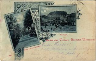 1899 (Vorläufer) Versec, Werschetz, Vrsac; Városliget, Fő tér, este, Brüder Walke és Löwenstein üzlete / Stadtpark, Hauptplatz / park and main square, shops, night. Art Nouveau, floral (EK)