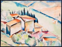 Johan Hugó (1891-1956): Fiesole, 1921 körül. Akvarell, ceruza, papír, jelzett. Proveniencia: Johan Hugó hagyatéka. 18x21 cm. 1911-ben gyógyszerészmesteri oklevelet szerzett, tanulmányai mellett rajzolt és festett. Két évig Kolozsvárott, majd 1918-ig Pécsett dolgozott gyógyszerészként. A tízes években több éven keresztül Dobrovics Péter mellett tanult festeni, kinek aktivista stílusa erősen hatott művészetére. Tagja volt a Pécsi Művészkörnek. 1921-ben Stefán Henrikkel és Molnár Farkassal itáliai tanulmányúton vett részt, feltehetően ekkor készült az avantgárd, főként a konstruktivista szemléletmódot tükröző és stílusjegyeit magában hordozó rajza. Johan Hugó korai művei ritkán kerülnek aukcióra, gyűjtői darab! / watercolour and pencil on paper, signed. Provenance: from the estate of the artist. Very rare early Hungarian avantgarde piece of art!