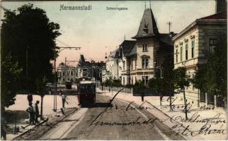 1909 Nagyszeben, Hermannstadt, Sibiu; Schewisgasse / utca, villamos. Photobrom No. 9. 1907. / street and tram