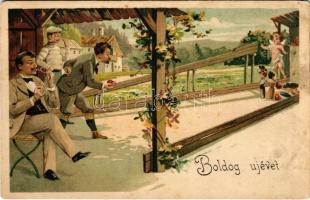 Boldog Újévet! Szívekkel tekéző férfiak / New Year greeting card, men bowling with hearts, bowling alley. litho (EB)