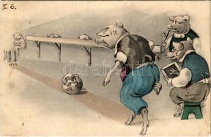 1903 Pigs at the bowling alley, small pig used as the ball. J. & A. i. B. 503. (EK)