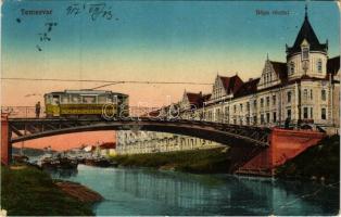 1917 Temesvár, Timisoara; Béga részlet, híd villamossal, Kávéház. Vasúti levelezőlapárusítás 14. 1915 / river, bridge, tram, cafe (EB)
