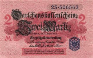 Német Birodalom /Császárság 1914. 2M (3x) egymás utáni sorszámokkal, alapnyomatos kék "pecséttel", ritkább variáns T:I